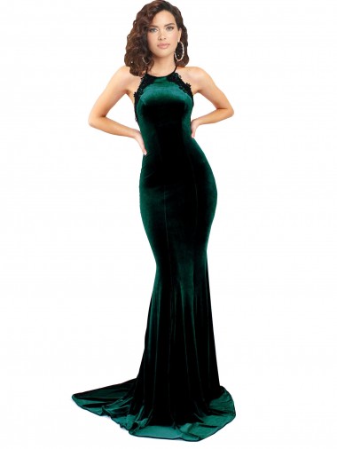 Sleeveless High Neck Stretch Velvet Dark Green Sweep Train Formal Evening Gown / Prom Dress / Bridesmaid Dress Leicester