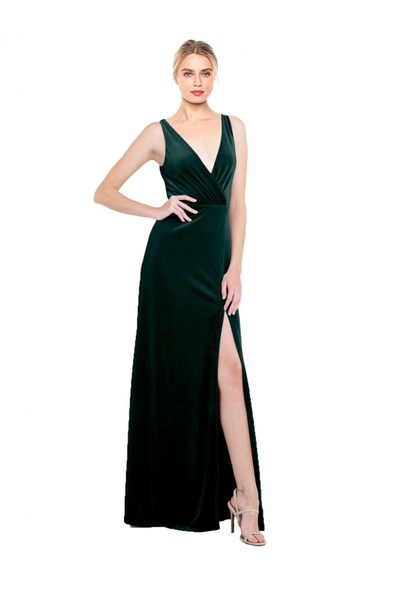 Sleeveless V-Neck Stretch Velvet Dark Green Long Black Tie Evening Dress / Prom Dress / Bridesmaid Dress Leicester