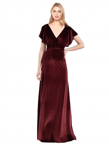 Flutter Sleeves V-Neck Stretch Velvet Burgundy Long Prom Dress / Bridesmaid Dress Leicester