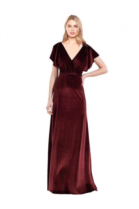 Flutter Sleeves V-Neck Stretch Velvet Burgundy Long Prom Dress / Bridesmaid Dress Leicester