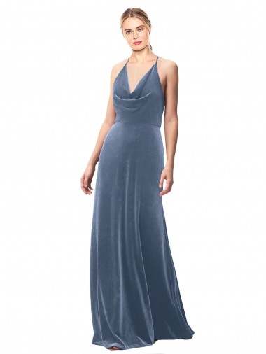 Sleeveless Cowl Neck Stretch Velvet Dusty Blue Long Prom Dress / Bridesmaid Dress Leicester
