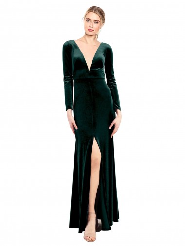 Long Sleeves V-Neck Stretch Velvet Dark Green Long Black Tie Prom Dress / Bridesmaid Dress Leicester