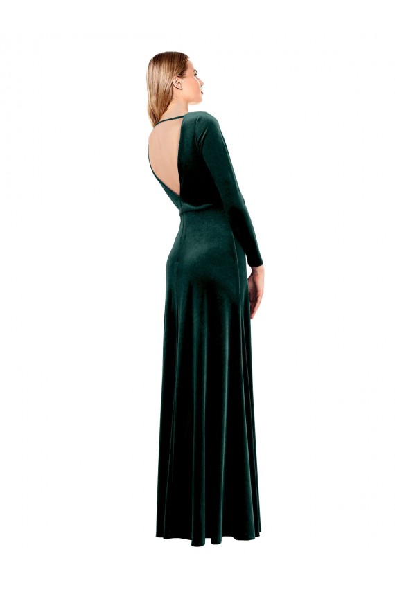 Long Sleeves V-Neck Stretch Velvet Dark Green Long Black Tie Prom Dress / Bridesmaid Dress Leicester