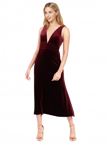 Sleeveless V-Neck Stretch Velvet Burgundy Midi Length Prom Dress / Bridesmaid Dress Leicester