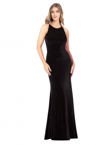 Sleeveless Jewel Neck Stretch Velvet Black Long Formal Evening Gown / Prom Dress / Bridesmaid Dress Leicester