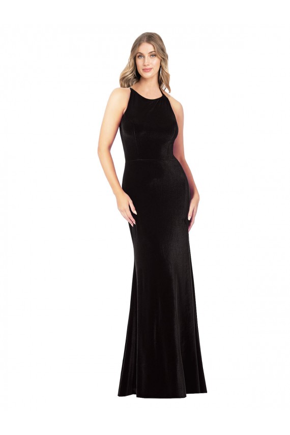 Sleeveless Jewel Neck Stretch Velvet Black Long Formal Evening Gown / Prom Dress / Bridesmaid Dress Leicester