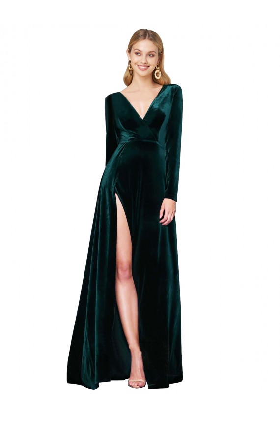 Long Sleeves V-Neck Stretch Velvet Dark Green Sweep Train Black Tie Evening Gown / Prom Dress / Bridesmaid Dress Leicester