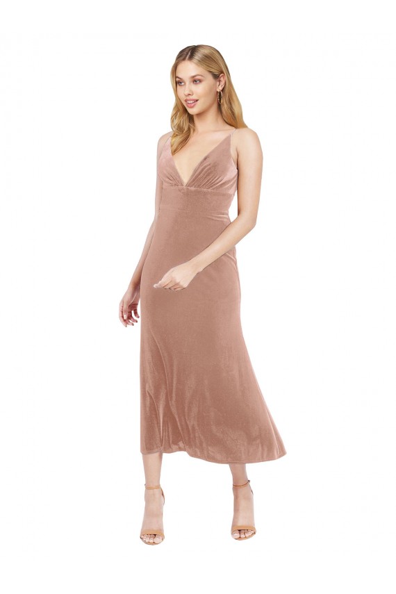 Sleeveless V-Neck Stretch Velvet Pink Midi Length Prom Dress / Bridesmaid Dress Leicester