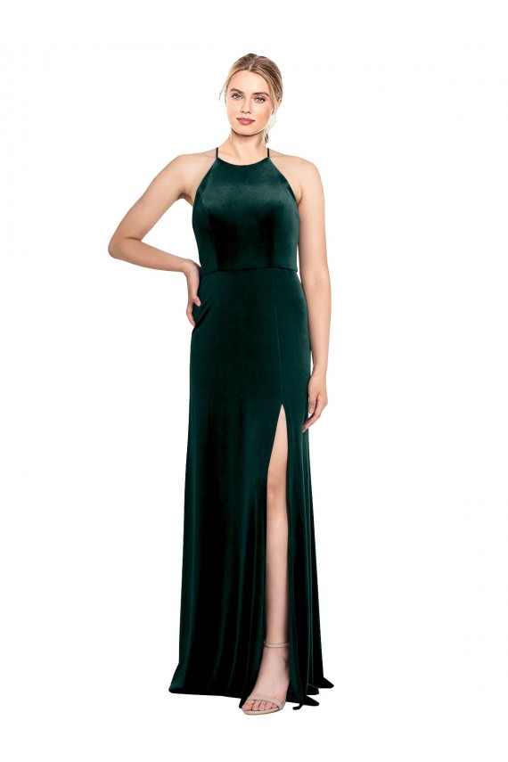 Sleeveless Jewel Neck Stretch Velvet Dark Green Long Prom Dress / Bridesmaid Dress Leicester