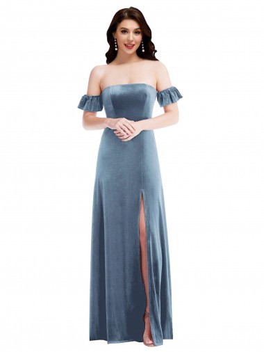 Ruffle Sleeves Off the Shoulder Stretch Velvet Dusty Blue Long Formal Dress / Bridesmaid Dress Leicester
