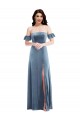 Ruffle Sleeves Off the Shoulder Stretch Velvet Dusty Blue Long Formal Dress / Bridesmaid Dress Leicester