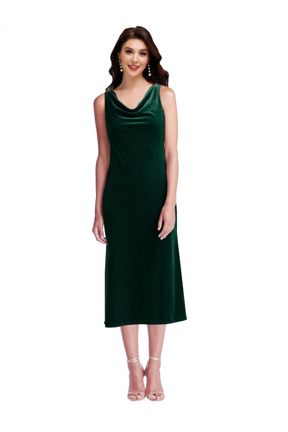 Sleeveless Cowl Neck Stretch Velvet Dark Green Midi Length Evening Gown / Prom Dress / Bridesmaid Dress Leicester