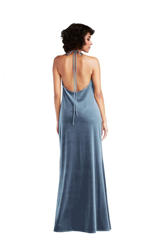 Sleeveless Cowl Neck Stretch Velvet Dusty Blue Long Bridesmaid Dress / Evening Dress Leicester