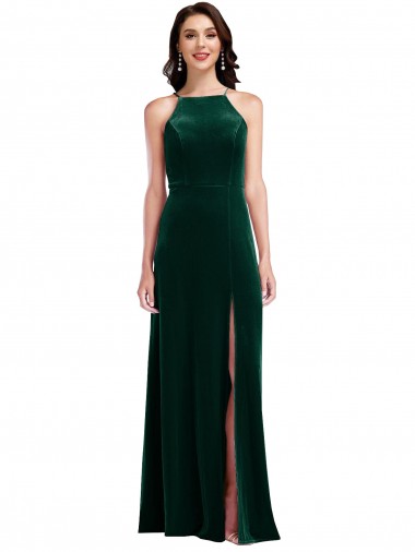 Sleeveless High Neck Stretch Velvet Dark Green Long Semi Formal Evening Dress / Prom Dress / Bridesmaid Dress Leicester