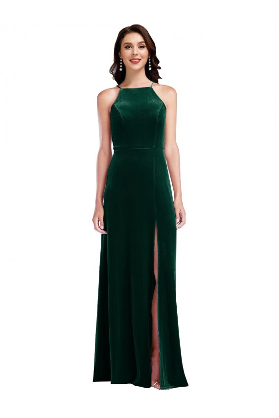 Sleeveless High Neck Stretch Velvet Dark Green Long Semi Formal Evening Dress / Prom Dress / Bridesmaid Dress Leicester