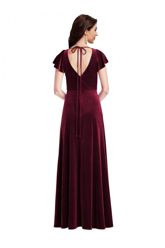 Flutter Sleeves V-Neck Stretch Velvet Burgundy Long Semi Formal Evening Dress / Prom Dress / Bridesmaid Dress Leicester