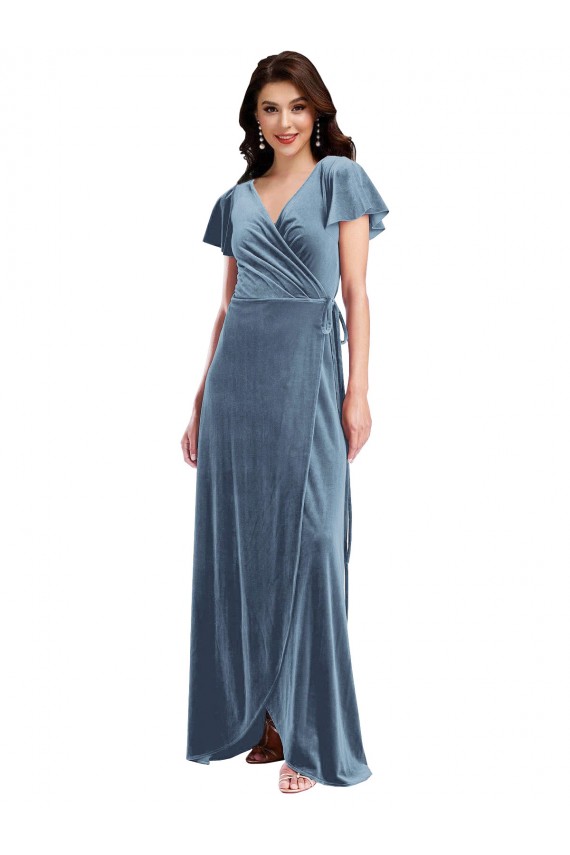 Flutter Sleeves V-Neck Stretch Velvet Dusty Blue Long Black Tie Evening Gown / Prom Dress / Bridesmaid Dress Leicester