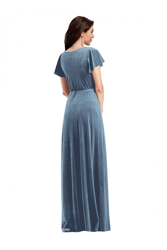Flutter Sleeves V-Neck Stretch Velvet Dusty Blue Long Black Tie Evening Gown / Prom Dress / Bridesmaid Dress Leicester