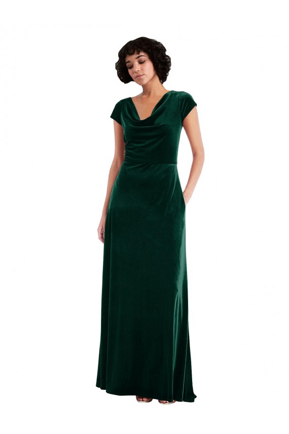 Cap Sleeves Cowl Neck Stretch Velvet Dark Green Long Black Tie Evening Gown / Prom Dress / Bridesmaid Dress Leicester