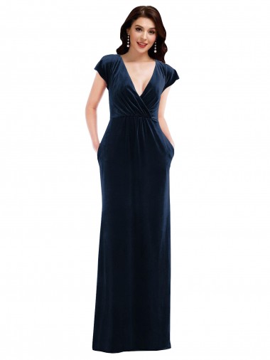 Flutter Sleeves V-Neck Stretch Velvet Dark Navy Long Formal Dress / Bridesmaid Dress Leicester