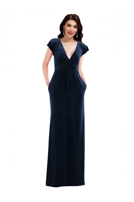 Flutter Sleeves V-Neck Stretch Velvet Dark Navy Long Formal Dress / Bridesmaid Dress Leicester