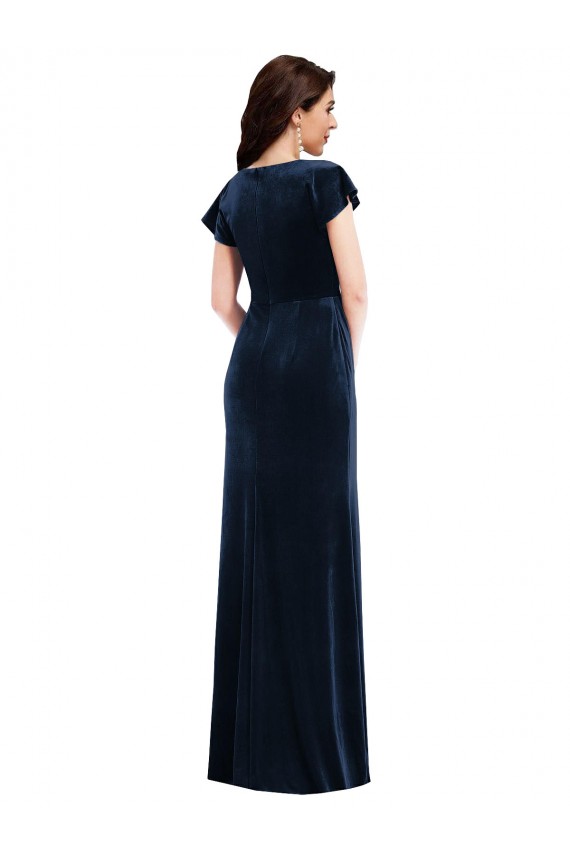Flutter Sleeves V-Neck Stretch Velvet Dark Navy Long Formal Dress / Bridesmaid Dress Leicester