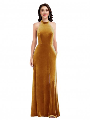 Sleeveless High Neck Stretch Velvet Gold Long Semi Formal Evening Dress / Prom Dress / Bridesmaid Dress Leicester
