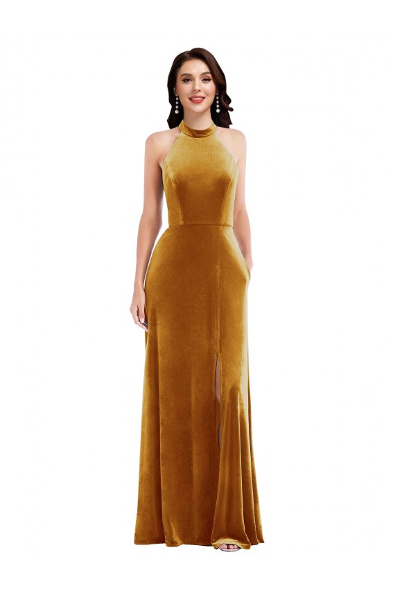 Sleeveless High Neck Stretch Velvet Gold Long Semi Formal Evening Dress / Prom Dress / Bridesmaid Dress Leicester