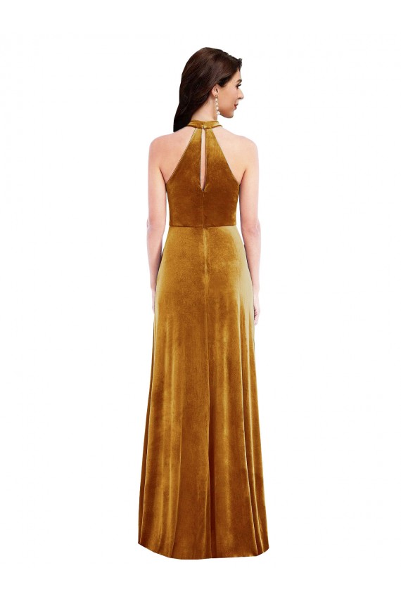 Sleeveless High Neck Stretch Velvet Gold Long Semi Formal Evening Dress / Prom Dress / Bridesmaid Dress Leicester