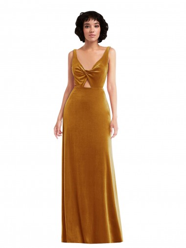 Sleeveless V-Neck Stretch Velvet Gold Long Semi Formal Evening Dress / Prom Dress / Bridesmaid Dress Leicester