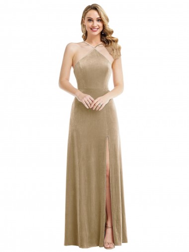 Sleeveless High Neck Stretch Velvet Champagne Long Semi Formal Evening Dress / Prom Dress / Bridesmaid Dress Leicester