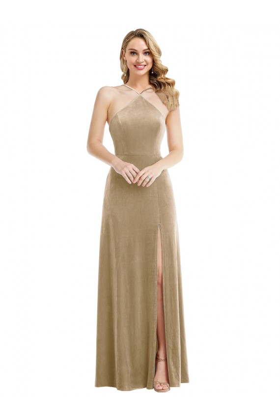 Sleeveless High Neck Stretch Velvet Champagne Long Semi Formal Evening Dress / Prom Dress / Bridesmaid Dress Leicester