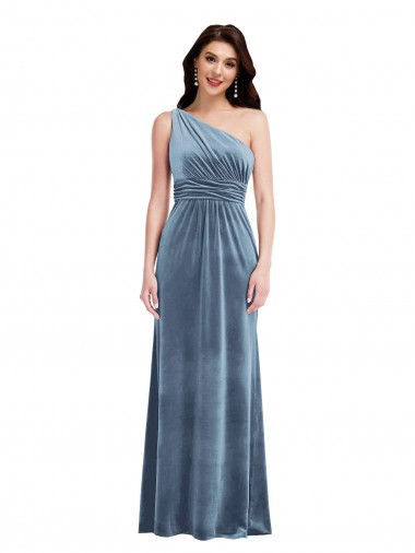 Sleeveless Off the Shoulder Stretch Velvet Dusty Blue Long Bridesmaid Dress / Evening Dress Leicester