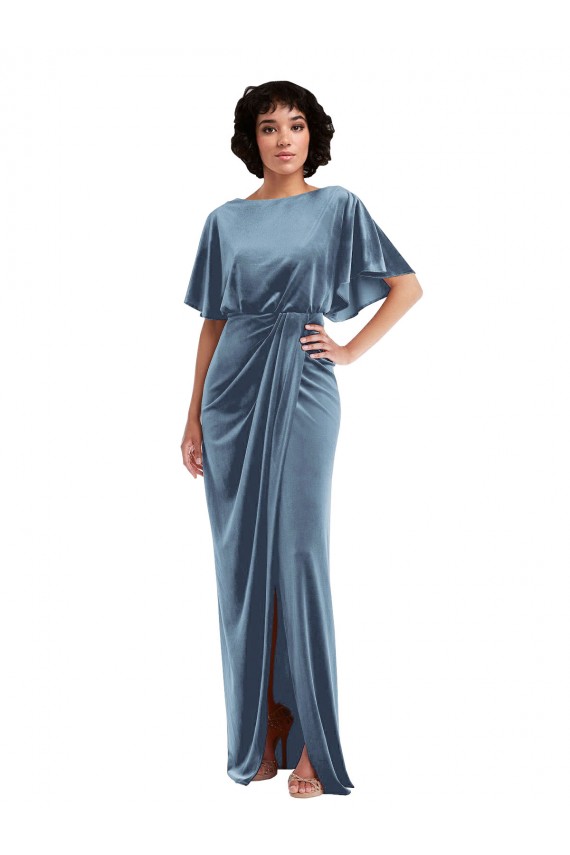 Flutter Sleeves Stretch Velvet Dusty Blue Long Semi Formal Evening Dress / Prom Dress / Bridesmaid Dress Leicester