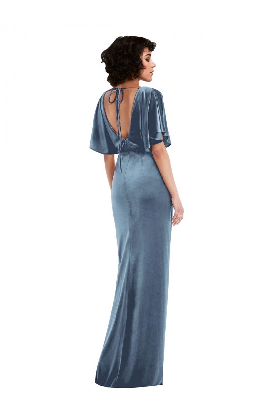 Flutter Sleeves Stretch Velvet Dusty Blue Long Semi Formal Evening Dress / Prom Dress / Bridesmaid Dress Leicester