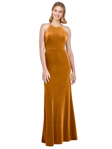 Sleeveless High Neck Stretch Velvet Gold Long Formal Evening Gown / Prom Dress / Bridesmaid Dress Leicester