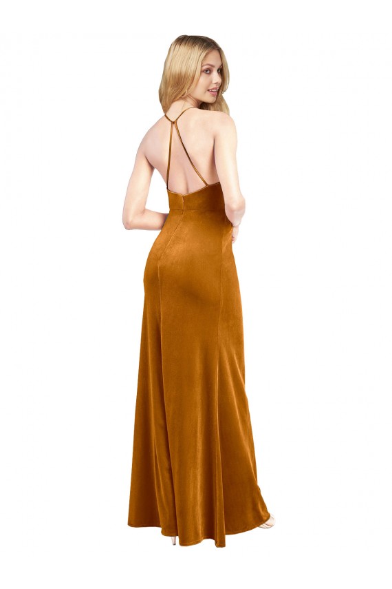Sleeveless High Neck Stretch Velvet Gold Long Formal Evening Gown / Prom Dress / Bridesmaid Dress Leicester