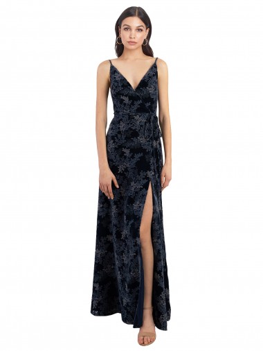 Sleeveless V-Neck Floral Velvet & Stretch Velvet Dark Navy Long Bridesmaid Dress Leicester