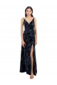 Sleeveless V-Neck Floral Velvet & Stretch Velvet Dark Navy Long Bridesmaid Dress Leicester