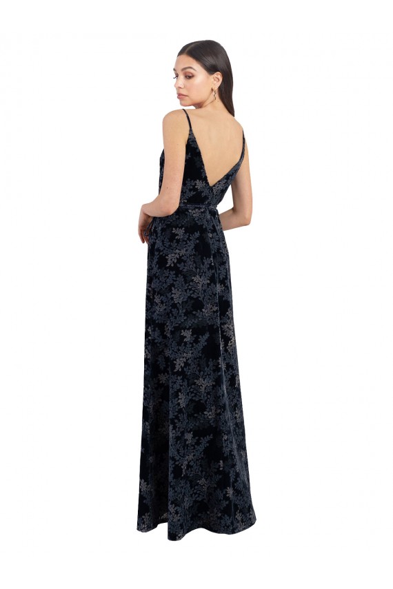 Sleeveless V-Neck Floral Velvet & Stretch Velvet Dark Navy Long Bridesmaid Dress Leicester