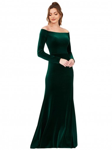 Long Sleeves Off the Shoulder Stretch Velvet Dark Green Long Formal Evening Gown / Prom Dress / Bridesmaid Dress Leicester