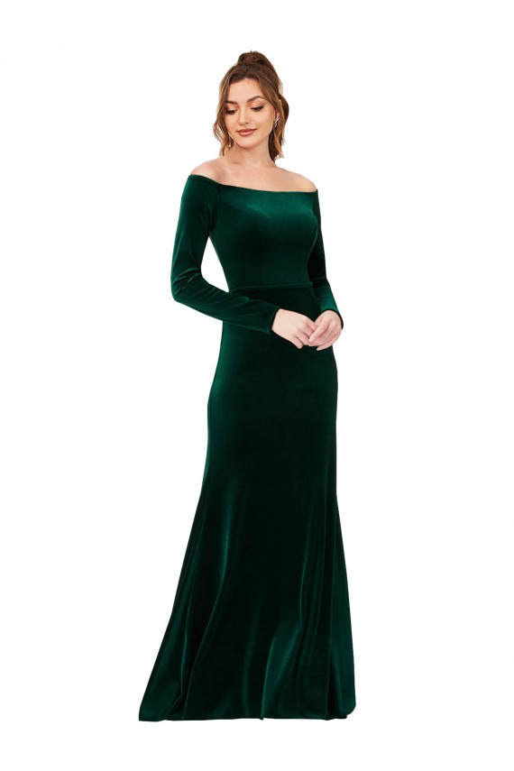 Long Sleeves Off the Shoulder Stretch Velvet Dark Green Long Formal Evening Gown / Prom Dress / Bridesmaid Dress Leicester
