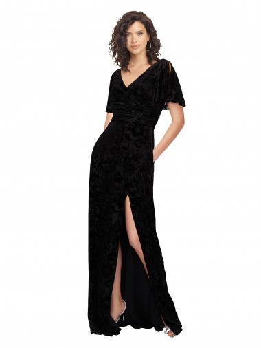 Short Split Sleeves V-Neck Floral Velvet & Stretch Velvet Black Long Bridesmaid Dress Leicester