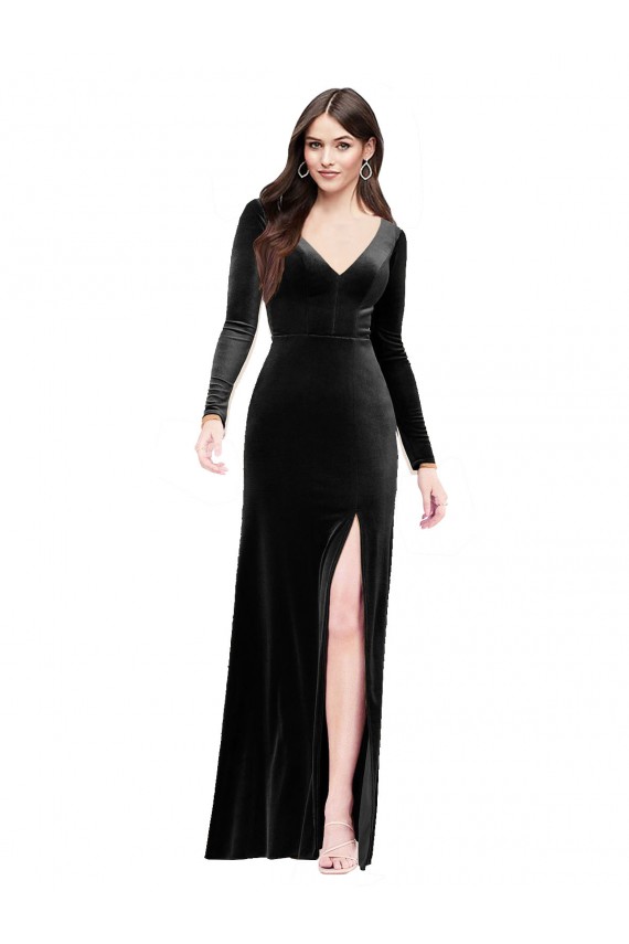 Long Sleeves V-Neck Stretch Velvet Black Long Formal Evening Gown / Prom Dress / Bridesmaid Dress Leicester