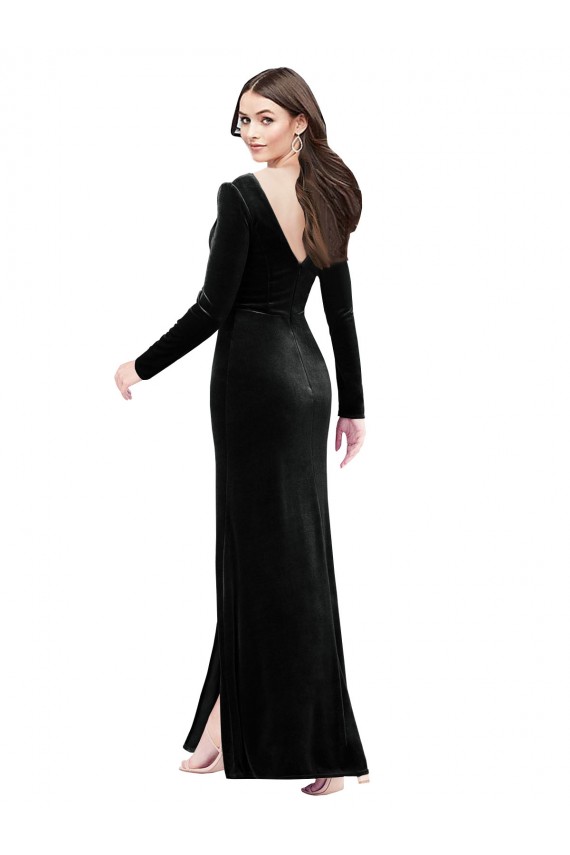 Long Sleeves V-Neck Stretch Velvet Black Long Formal Evening Gown / Prom Dress / Bridesmaid Dress Leicester