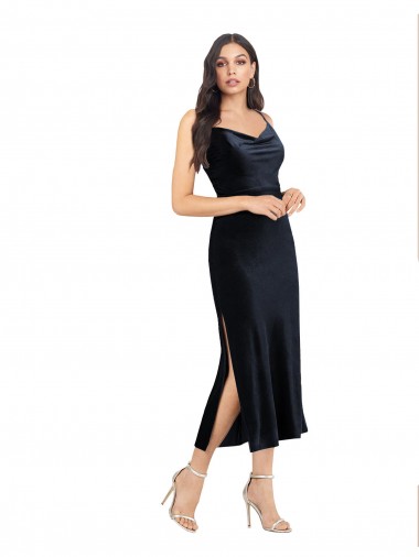 Sleeveless Cowl Neck Stretch Velvet Dark Navy Midi Length Formal Evening Gown / Prom Dress / Bridesmaid Dress Leicester