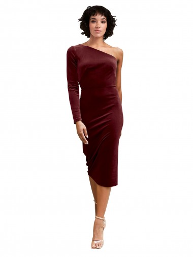 Long Sleeves One Shoulder Stretch Velvet Burgundy Midi Length Black Tie Prom Dress / Bridesmaid Dress Leicester