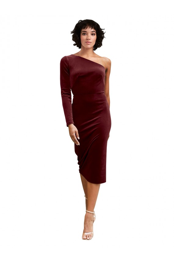 Long Sleeves One Shoulder Stretch Velvet Burgundy Midi Length Black Tie Prom Dress / Bridesmaid Dress Leicester
