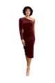 Long Sleeves One Shoulder Stretch Velvet Burgundy Midi Length Black Tie Prom Dress / Bridesmaid Dress Leicester