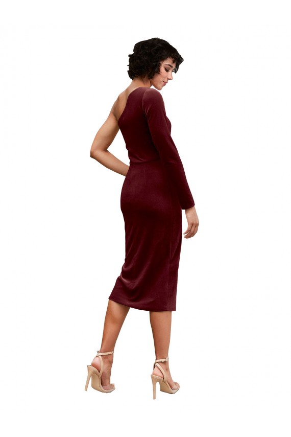 Long Sleeves One Shoulder Stretch Velvet Burgundy Midi Length Black Tie Prom Dress / Bridesmaid Dress Leicester
